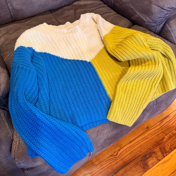 Sincerely Jules Colorblock Cropped Sweater Blue Yellow White - Picture 2 of 5